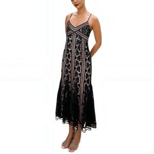 Saylor New York Black Lace Nude Lined Midi Dress Large